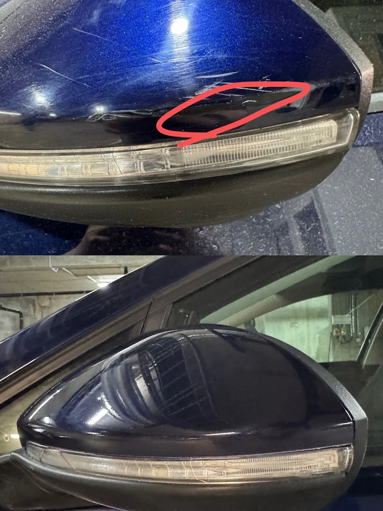 Wing mirror scratch repair, before and after